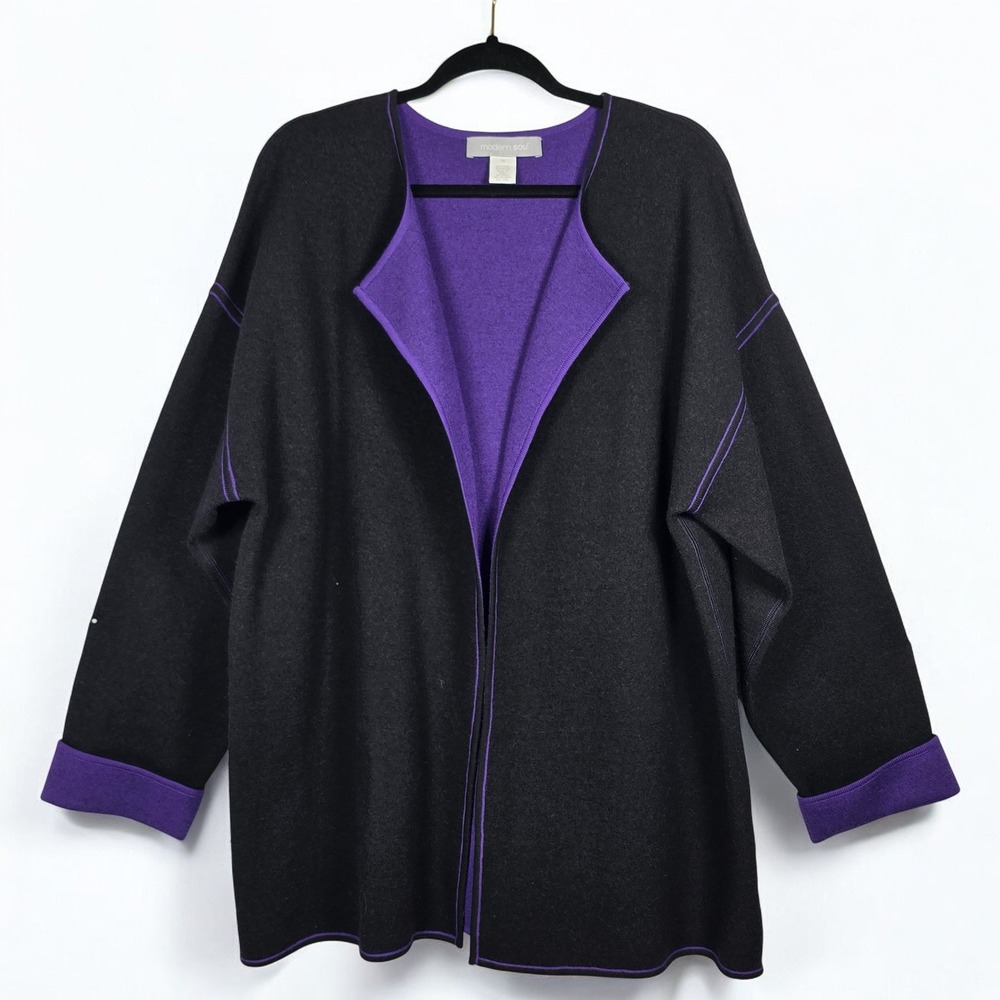 Modern Soul Cardigan Sweater Women 1X Wool Blend Charcoal Purple Knit Open Front